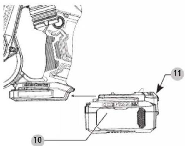 Technical diagram showing mechanical assembly with labeled parts 10 and 11, including a close-up of a component.