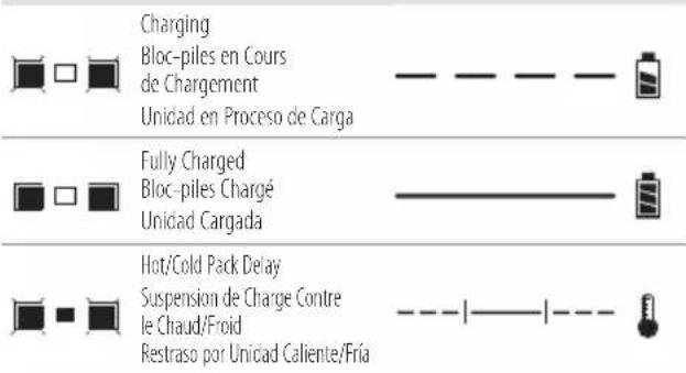 Charging Bloc-piles en Cours de Chargement Unidad en Proceso de Carga Fully Charged Bloc-piles Chargé Unidad Cargada Hot/Cold Pack Delay Suspension de Charge Contre le Chaud/Froid Restraso por Unidad Caliente/Fria