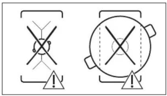 Safety warning symbols for crosshair and circular device, both marked with exclamation marks