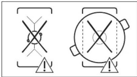 Two safety warning symbols: crossed-out cross symbol and circular warning symbol, both with exclamation marks.