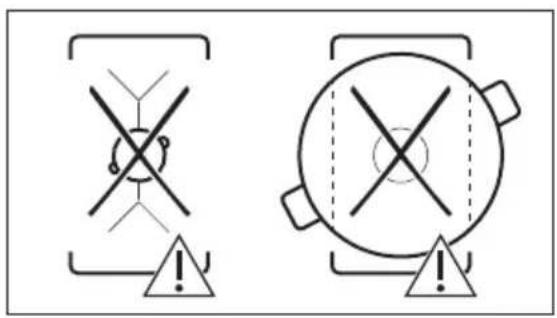 Safety warning symbols for crosshair and circular object detection, both marked with exclamation marks