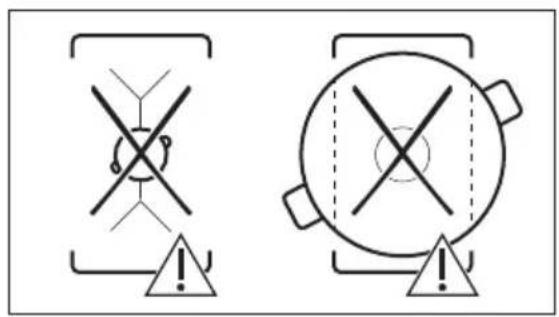 Warning symbol diagram showing crossed-out electrical hazard zones with warning symbols and warning triangle