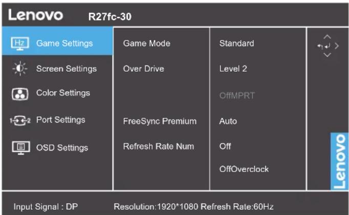 LENOVO Legion R27fc-30 - En utilisant les contrôles du menu OSD (affichage à l'écran) - 1
