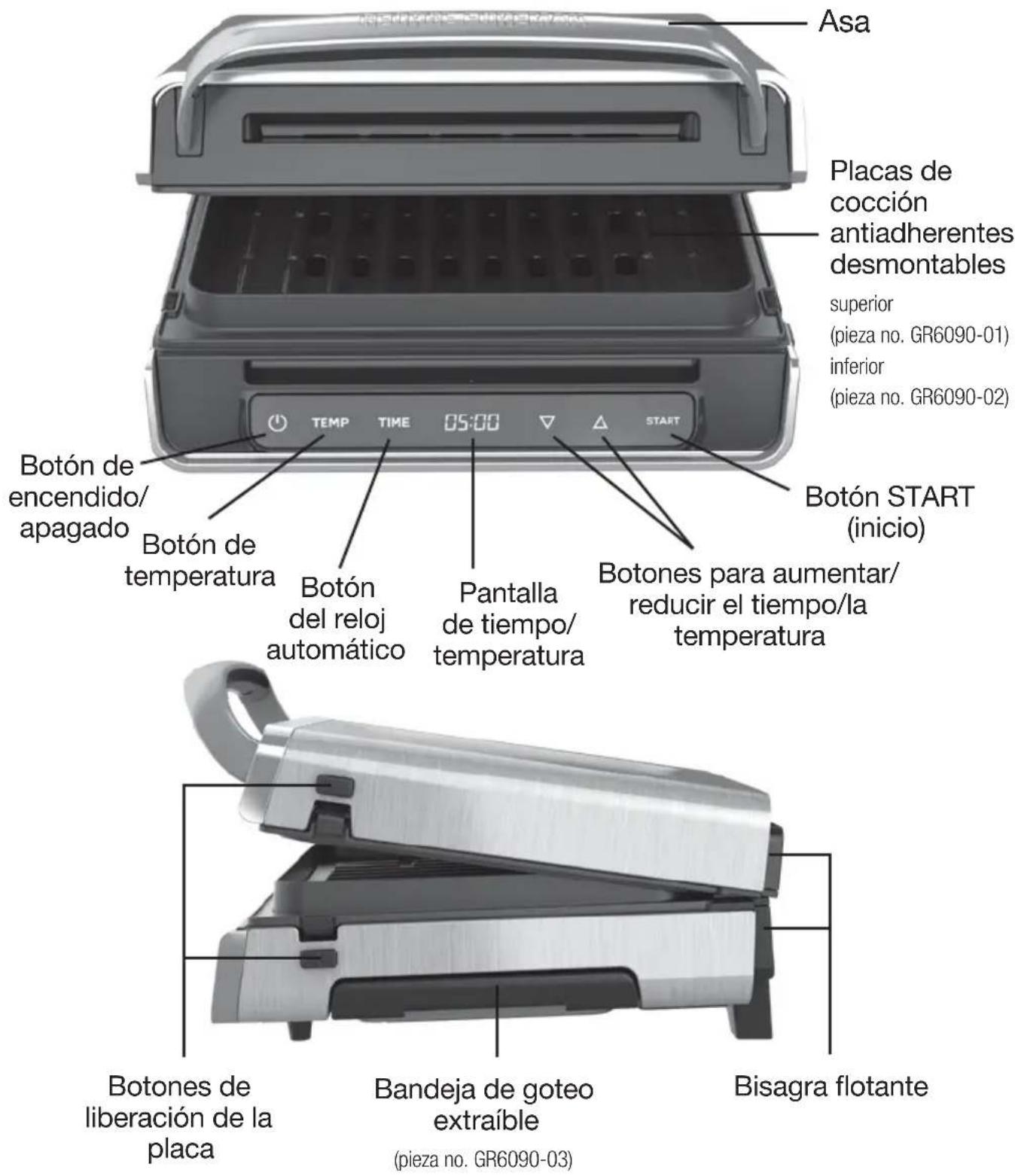 Asa Placas de cocción antiadherentes desmontables superior (pieza no. GR6090-01) inferior (pieza no. GR6090-02) Botón START (inicio) Botón de encendido/apagado Botón de temperatura Botón del reloj automático Pantalla de tiempo/temperatura Botones para aumentar/reducir el tiempo/la temperatura Botones de liberación de la placa Bandeja de goteo extraíble (pieza no. GR6090-03) Bisagra flotante