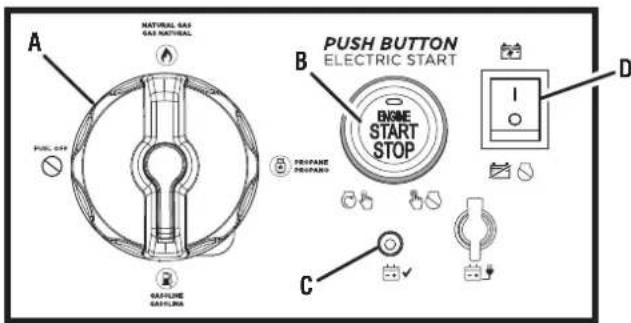 A NATURAL GAS GAS NATURAL B PUSH BUTTON ELECTRIC START BONE START STOP C PROpane PROpane D GAS FLOWING GAS FLOWING