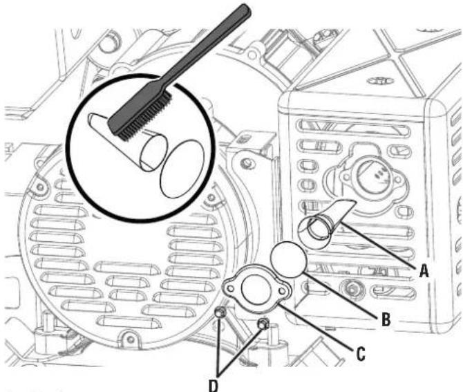 Technical diagram of a vehicle engine component with labeled parts A, B, C, D and a magnified inset showing brush tool placement.