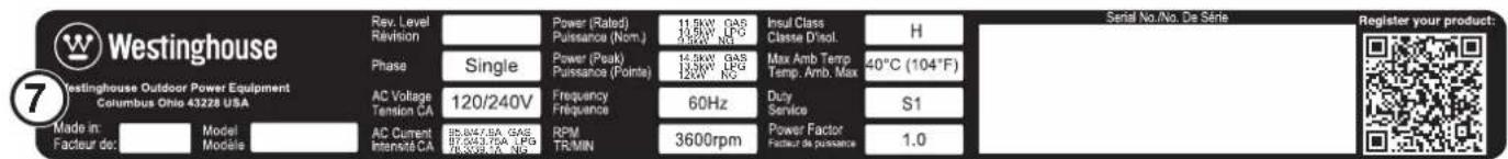 Westinghouse Westinghouse Outdoor Power Equipment Columbus Ohio 43228 USA Made in: Facteur de: Model Modèle: Rev. Level Révision Phase AC Voltage Tension CA AC Current Intervité CA Single Single 120/240V Frequency Fréquence Power (Rated) Puissance (Nom.) Power (Peak) Puissance (Pointe) 60Hz RPM TR/MIN 11.5kW GAS 12.5kW LPG 9.5kW NG 14.5kW GAS 13.5kW LPG 120W NG 3600rpm Insul Class Classe D'ésol. Max Amb Temp Temp. Amb. Max Duty Service Power Factor Facteur de puissance H 40°C (104°F) S1 1.0 Serial No./No. De Série Register your product: