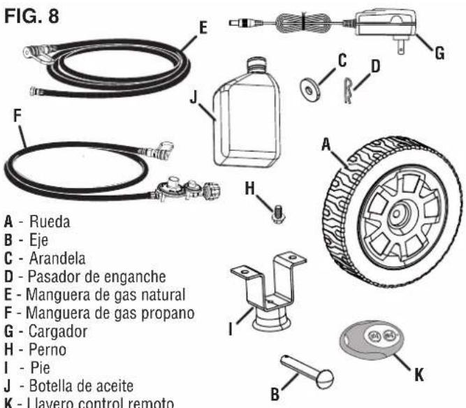 FIG. 8 A - Rueda B - Eje C - Arandela D - Pasador de enganche E - Manguera de gas natural F - Manguera de gas propano G - Cargador H - Perno I - Pie J - Botella de aceite K - Llavero control remoto