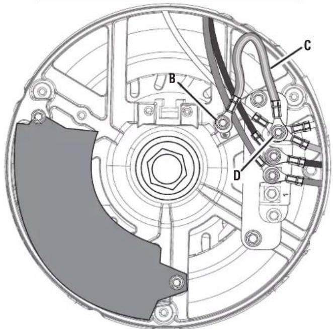 Technical diagram of a mechanical assembly with labeled components A, B, C, and D