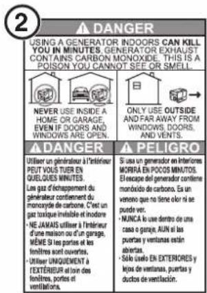 2 ▲ DANGER USING A GENERATOR INDOORS CAN KILL YOU IN MINUTES. GENERATOR EXHAUST CONTAINS CARBON MONOXIDE. THIS IS A POISON YOU CANNOT SEE OR SMELL. NEVER USE INSIDE A HOME OR GARAGE, ENVENT IF DOORS AND WINDOWS ARE OPEN. ONLY USE OUTSIDE AND FAR AWAY FROM WINDOWS, DOORS, AND VENTS. ▲ DANGER Utiliser un généraire à l'intérieur PEIT VOUS TUIER EN QUELUES MINUTES. Les gaz d'échappement du généraire conformément du monoxyside de carbone. C'est un gaz toxique immérable et inodore. • NE JAMAIS utiliser à l'intérieur d'une maison ou d'un garage. MÊME SI les portes et les fenêtres sont ouvertes. • Utiliser UNQUÉMENT à TEXTÉNIEUR et loin des fenêtres, portes et ventilations. ▲ PELIGRO Si uso un generator en interiores MORRA EN POCOS MINUTOS. Escape del generator confière montado de carbono. Es un veneno que no tiene olor ni se puede ver. • MUNCA lo use dentro de una casa o garaje, AUN si les puertas y ventanlas estin abiertas. • Solo uso EN EXTERIORES y lejos de ventanlas, puertas y ductos de ventilación.