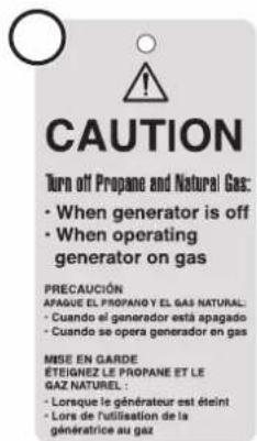 CAUTION Turn off Propane and Natural Gas: • When generator is off • When operating generator on gas PRECAUCIÓN APAGUE EL PROPANE Y EL GAS NATURAL: • Cuando el generador está apagado • Cuando se opera generador en gas MISE EN GARDE ÉTEIGNEZ LE PROPANE ET LE GAZ NATUREL : • Lorsque le générateur est éteint • Lors de l'utilisation de la génératrice au gaz