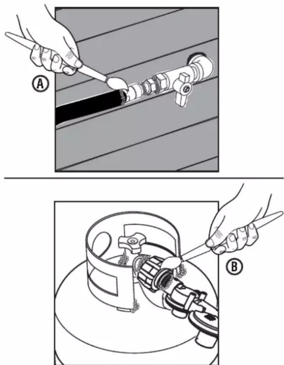 Technical diagram showing two steps of a mechanical assembly: step A shows tool application on a pipe fitting, and step B shows tool positioning on a mechanical component.