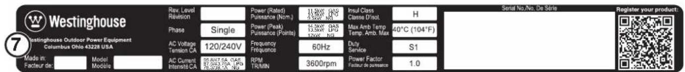 Westinghouse Westinghouse Outdoor Power Equipment Columbus Ohio 43228 USA. Made in: Facteur de: Model Modèle Rev. Level Révision Phase AC Voltage Tension CA AC Current Internité CA Single 120/240V Frequency Fréquence Power (Rated) Puissance (Nom.) Power (Peak) Puissance (Points) 11.8KW GAS 2.3KW NG 14.5KW GAS 13.5KW LPG 12KW NG 60Hz RPM TR/MIN 3600rpm Insul Class Classe D'isol. Max Amb Temp Temp. Amb. Max Duty Service Power Factor Facteur de possession H 40°C (104°F) S1 1.0 Serial No./No. De Série Register your product: