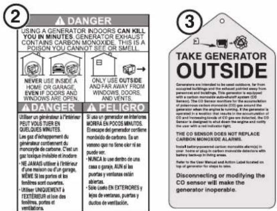 2 ▲ DANGER USING A GENERATOR INDOORS CAN KILL YOU IN MINUTES. GENERATOR EXHAUST CONTAINS CARBON MONOXIDE. THIS IS A POISON YOU CANNOT SEE OR SMELL. NEVER USE INSIDE A HOME OR GARAGE, EVEN IF DOORS AND WINDOWS ARE OPEN. ONLY USE OUTSIDE AND FAR AWAY FROM WINDOWS DOORS, AND VENTS. ▲ DANGER Utiliser un générauter à l'intérieur PEUT VOUS TUIER EN QUELQUES MINUTES. Les gaz d'échappement du générauter confinement du monocryde de carbone. C'est un gaz toxique imobilié et indore. - NE ANAIS utiliser à l'intérieur d'une mesation d'un garage, MÊNE SI portes de les fenillres sont couverts. - Utiliser UNQUENIENT à L'EXTÉNIEUR et l'on des fenillres, portes et ventilations. ▲ PELIGRO Si usa un generator en l'intériores MORÍNA EN POCOS MINUTOS. El escape del generator confieme monódico de carbono. En un vanismo que no tiene olor ni se puede ver. - NÚNCA a use dentro de una casa o garaje, AUN si la puertas y ventanas están abiertas. - Solo usedo EN EXTERORES y lejos de ventanas, puertas y ductos de ventilación. 3 TAKE GENERATOR OUTSIDE Generators are intended to be the sound outside, far from occupied buildings and the exhaust pointed away from personnel and backhangers. This generator is mounted with a carbon monoxide auto-chassis system (CO Sensor). The CO Sensor continues for the accumulation of emissions from the CO Sensor (CO) gas around the generator when the engine is running. It's the generator is mounted in a section that results in the accumulation of CO and increasing levels of CO gas were isolated, the CO Sensor is designed to switch down the engine and notify the user with a red indicator light. The CO SENSOR DOES NOT REPLACE CARBON MONOXIDE ALARIS. Install battery-mounted carbon monoxide alarmcy in your arms or groups to carbon monoxide defense with battery backed by placing them. Refer to the User Manual and Action Label located on top of generation for steps to take. Disconnecting or modifying the CO sensor will make the generator inoperable.
