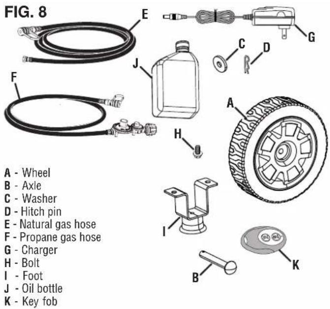 FIG. 8 A - Wheel B - Axle C - Washer D - Hitch pin E - Natural gas hose F - Propane gas hose G - Charger H - Bolt I - Foot J - Oil bottle K - Key fob