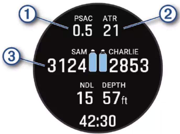GARMIN Descent Mk3 - Affichage des données de l'émetteur-récepteur pendant une plongée - 1