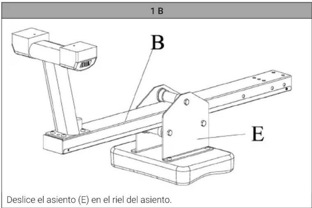 1 B B E Deslice el asiento (E) en el riel del asiento.