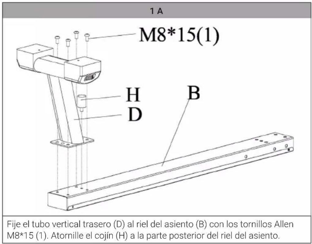 1 A M8*15(1) H D B Fije el tubo vertical trasero (D) al riel del asiento (B) con los tornillos Allen M8*15 (1). Atornille el cojín (H) a la parte posterior del riel del asiento.