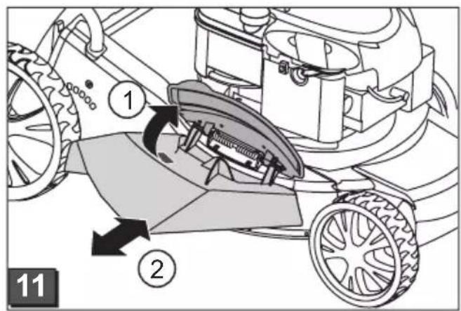 Technical diagram of a lawn mower with labeled parts and directional arrows indicating motion or movement.