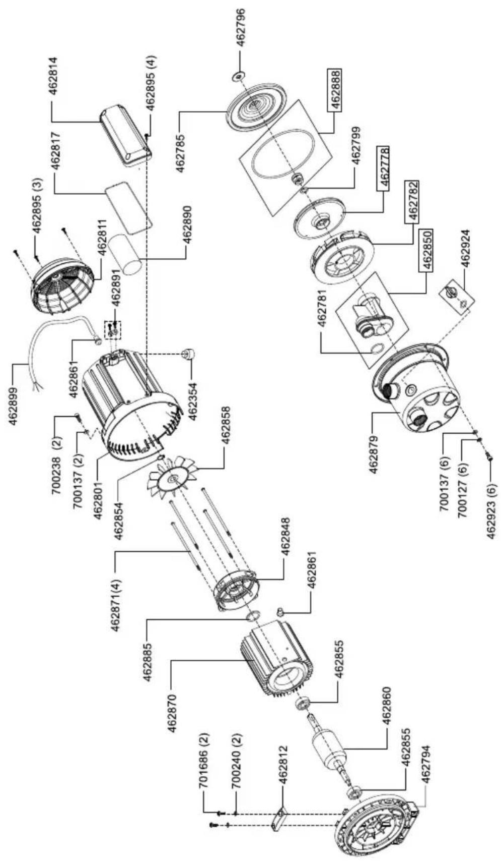 Exploded view diagram of a mechanical assembly with numbered components and labeled parts