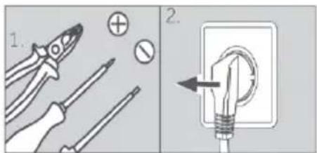 Diagram showing two-step electrical installation: tool application and switch mechanism with labeled parts.