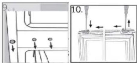 Technical diagram showing mechanical assembly steps with arrows indicating movement and labeled components