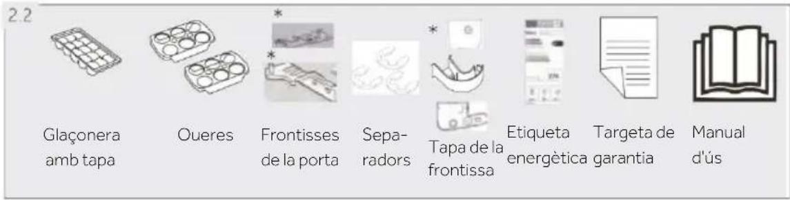 2.2 Glaçonera amb tapa Oueres Frontisses de la porta Separadors Tapa de la frontissa Etiqueta energètica Targeta de garantia Manual d'ús