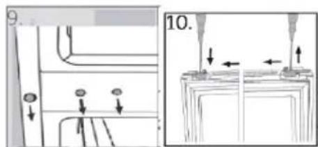 Technical diagram showing mechanical assembly steps with arrows indicating movement and labels 9 and 10
