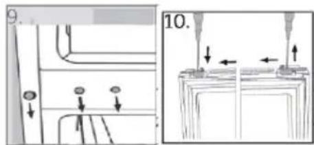 Technical diagram showing mechanical assembly steps with arrows indicating direction and numbered labels 9 and 10