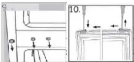 Technical diagram showing mechanical assembly steps with arrows indicating direction and labeled components