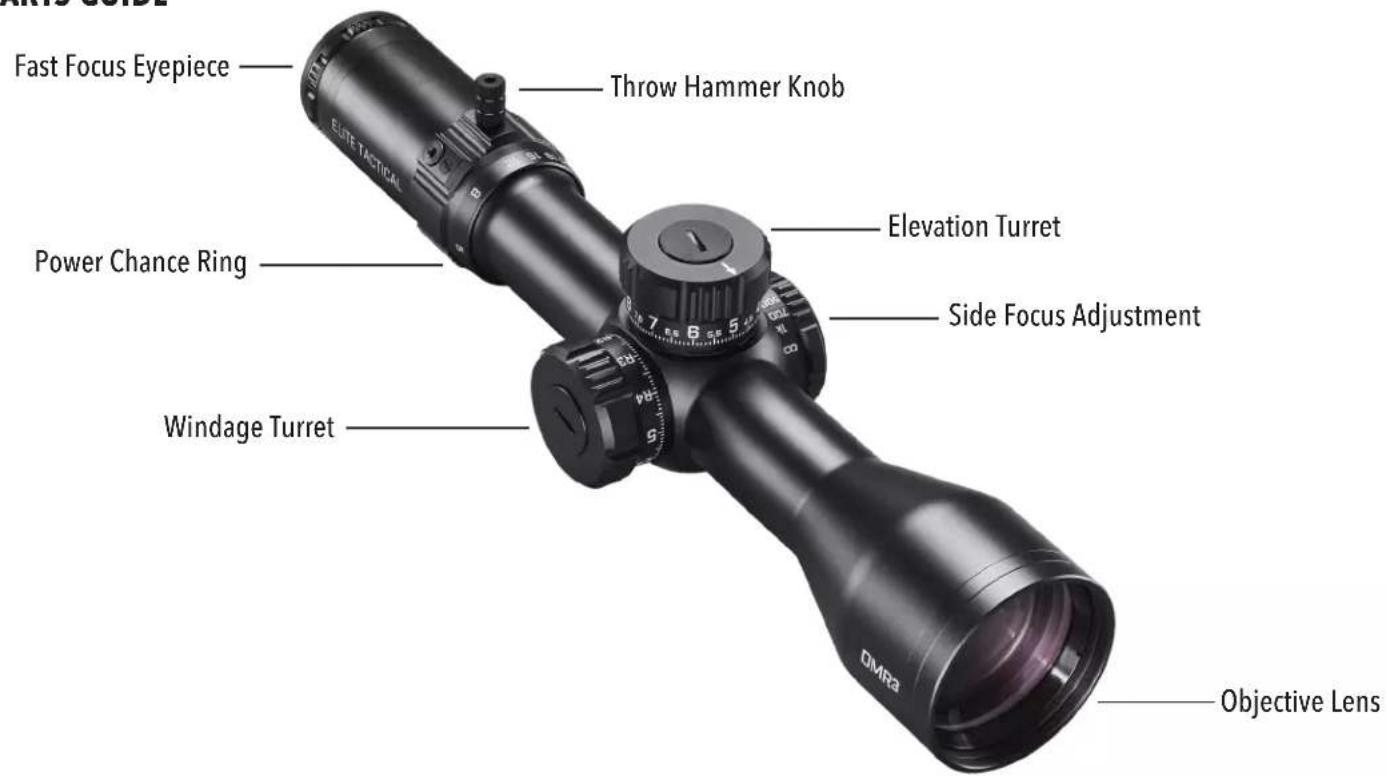 FAST FOCUS Eyepiece Throw Hammer Knob ELEVATION Turret Power Chance Ring Side Focus Adjustment Windage Turret Objective Lens