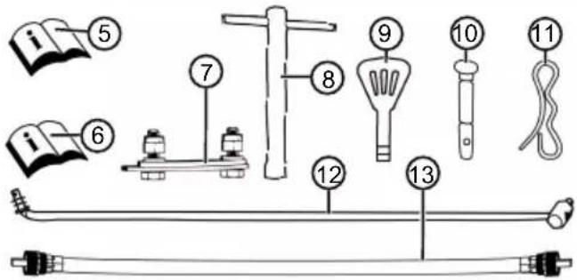 Labeled diagram of a mechanical or electrical device with numbered components and open book illustrations
