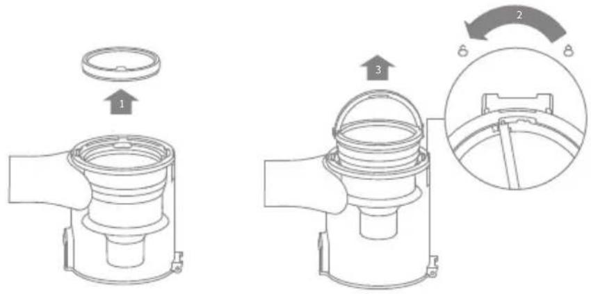 Technical diagram showing three-step assembly of a mechanical component with labeled parts and directional arrows indicating motion.