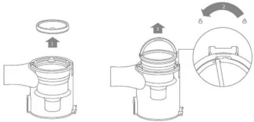 Technical diagram showing mechanical assembly steps with labeled components and directional arrows