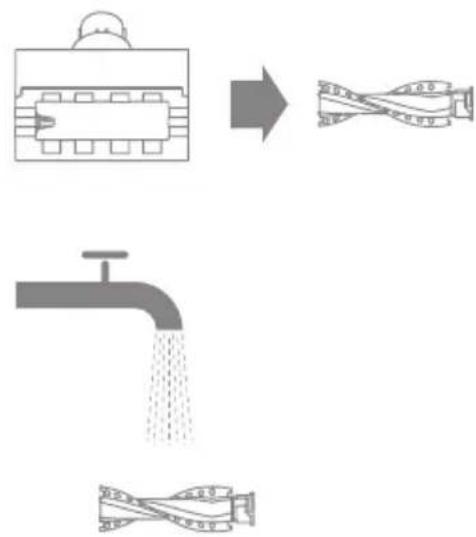 Diagram illustrating a water tap and its corresponding pipe assembly with labeled parts and flow direction