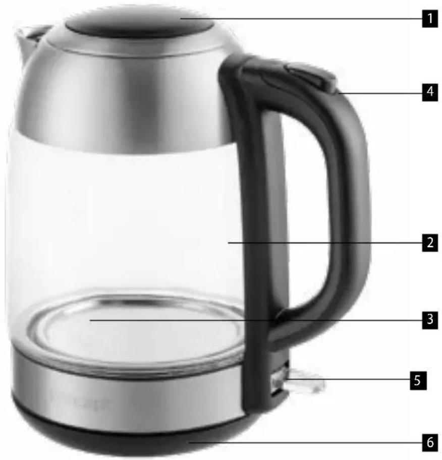 Labeled diagram of a modern glass coffee kettle with numbered parts for identification.
