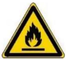 Warning sign depicting a flame symbol with hazard symbol inside a yellow triangle