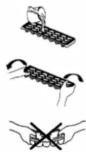 Illustration showing three steps of a robotic arm: holding a tray, moving a cart with arrows, and opening a hand with a crossed-out knot.