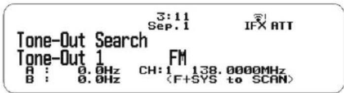 3:11 Sep. 1 IFX ATT Tone-Out Search Tone-Out 1 FM A : 0.0Hz CH:1 138.0000MHz B : 0.0Hz
