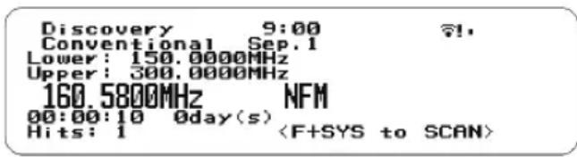 Discovery 9:00 Conventional Sep.1 Lower: 150.0000MHz Upper: 300.0000MHz 160.5800MHz NFM 00:00:10 0day(s) Hits: 1