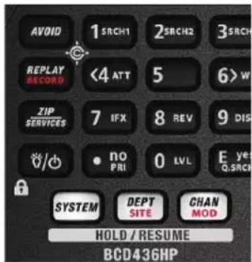 AVOID 1 SRCH1 2 SRCH2 3 SRCH REPLAY RECORD <4 ATT 5 6> w ZIP SERVICES 7 IFX 8 REV 9 DIS /0/ no PRI 0 LVL E ye Q.SRCI SYSTEM DEPT SITE CHAN MOD HOLD / RESUME BCD436HP