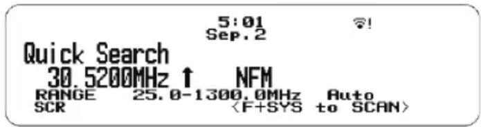 5:01 Sep. 2 Quick Search 30.5200MHz ↑ NFM RANGE 25.0-1300.0MHz Auto SCR