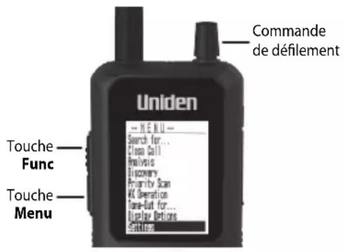 Commande de défilement Uniden Touche Func Touche Menu