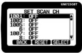 UM725GBT SET_SCAN_CH 1001: OFF 1003: OFF 1005: OFF 6: OFF 1007: OFF 8: OFF BACK RESET SELECT