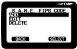 S.A.M.E. FIPS CODE ADD EDIT DELETE BACK SELECT UM725GBT
