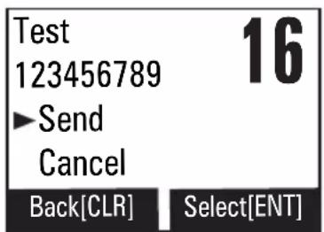 Test 123456789 ►Send Cancel Back[CLR] Select[ENT]