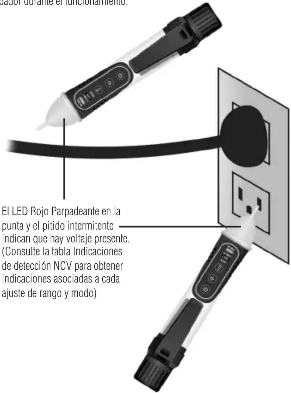 el LED Rojo Parpadeante en la punta y el pitido intermitente indican que hay voltaje presente. (Consulte la tabla Indicaciones de detección NCV para obtener indicaciones asociadas a cada ajuste de rango y modo)