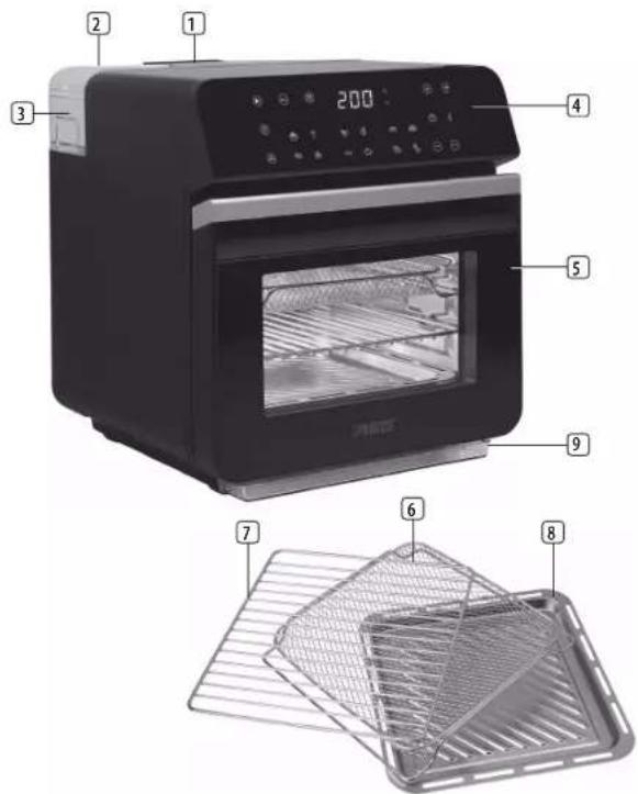 Labeled diagram of a food oven with numbered parts and interior view showing internal drying panes