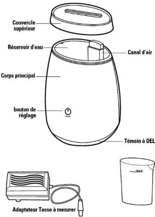 Couvercle supérieur Réservoir d'eau Corps principal bouton de réglage Canal d'air Témoin à DEL Adaptateur Tasse à mesurer MAX