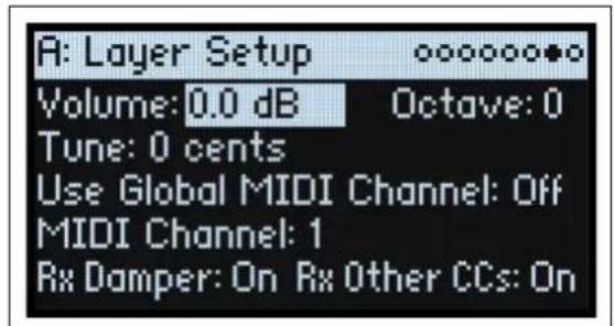 A: Layer Setup Volume: 0.0 dB Tune: 0 cents Use Global MIDI Channel: Off MIDI Channel: 1 Rx Damper: On Rx Other CCs: On